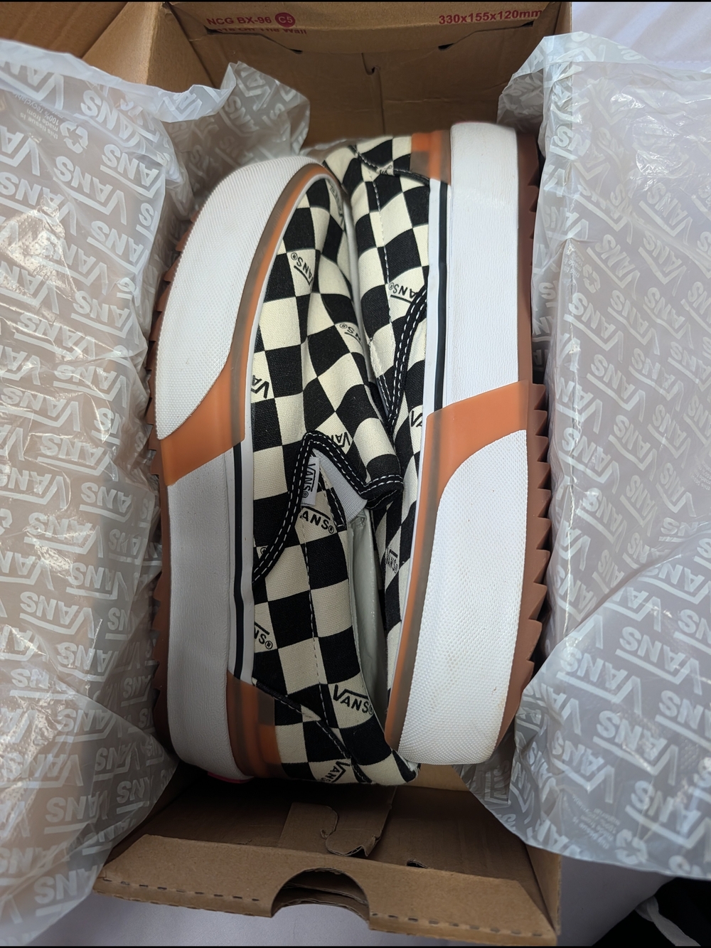 Vans Checkerboard Platform Slip-On Sneakers - Black & White with Tan Sole